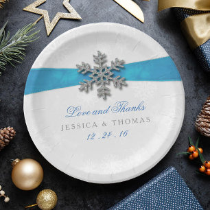 Diamante Snowflake & Blue Ribbon Winter Wedding Pappteller