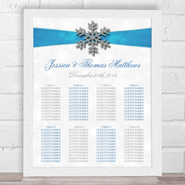 Diamante Snowflake & Blue Ribbon Winter Wedding Poster (Von Creator hochgeladen)