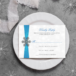 Diamante Snowflake & Blue Ribbon Winter Wedding RSVP Karte