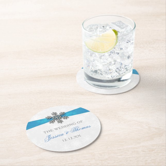 Diamante Snowflake & Blue Ribbon Winter Wedding Runder Pappuntersetzer (Vor Ort)