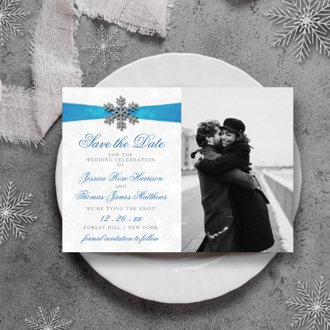 Diamante Snowflake & Blue Ribbon Winter Wedding Save The Date (Von Creator hochgeladen)
