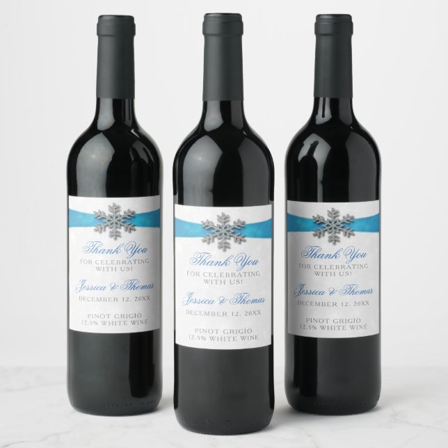Diamante Snowflake & Blue Ribbon Winter Wedding Weinetikett (Flaschen)