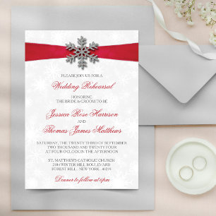 Diamante Snowflake & Red Ribbon Winter Wedding Einladung