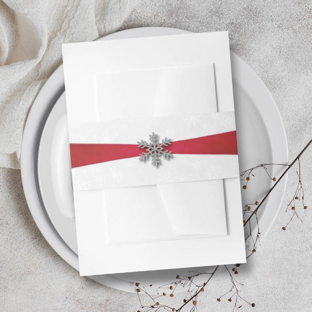 Diamante Snowflake & Red Ribbon Winter Wedding Einladungsbanderole (Von Creator hochgeladen)