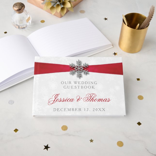 Diamante Snowflake & Red Ribbon Winter Wedding Gästebuch (Vorderseite Offen)