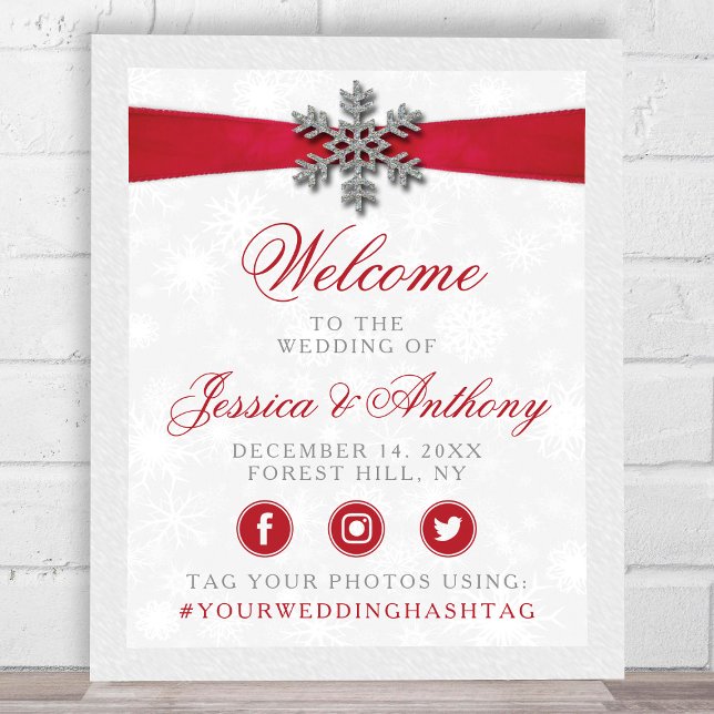 Diamante Snowflake & Red Ribbon Winter Wedding Poster (Von Creator hochgeladen)
