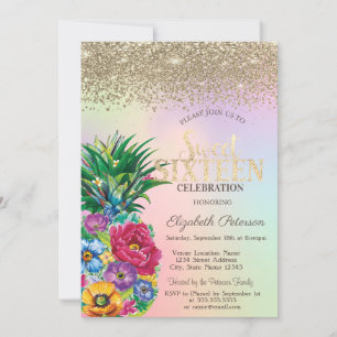 Diamanten, Ananas Blumen Holografisch Sweet 16 Einladung