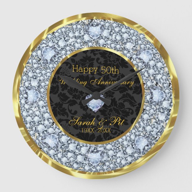 Diamanten, Black & Gold 50. Hochzeitstag Große Wanduhr (Vorderseite)