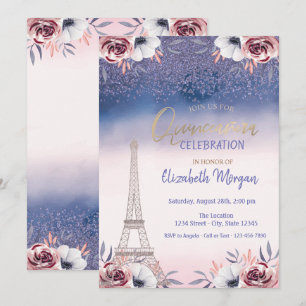 Diamanten, Eiffelturm Ombre Rosen Quinceanera  Einladung