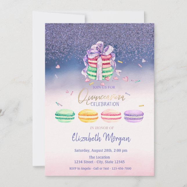 Diamanten, französisches Macarons Ombre Quinceañer Einladung (Vorderseite)