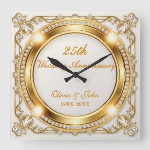 Diamanten & Gold 25. Hochzeitsjubiläum Geschenk Quadratische Wanduhr