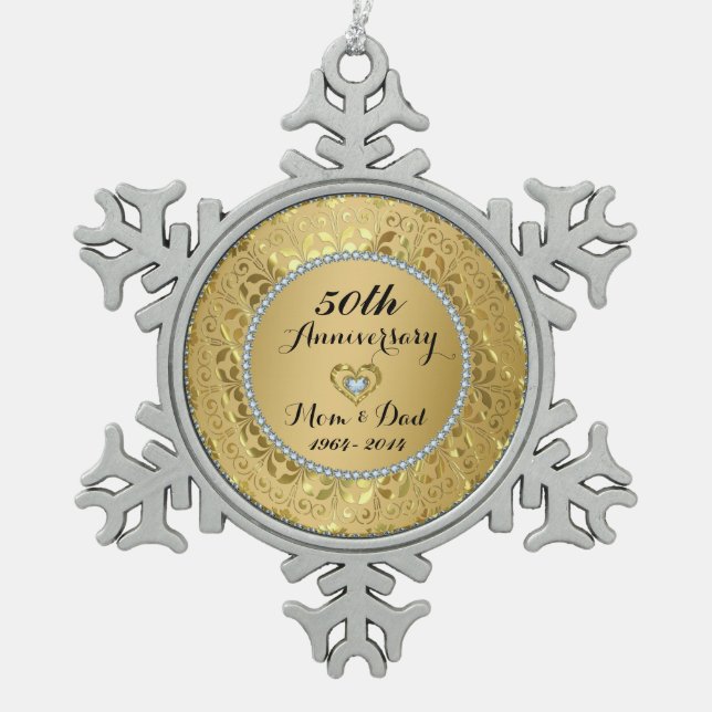 Diamanten & Gold 50. Hochzeitstag Schneeflocken Zinn-Ornament (Vorderseite)