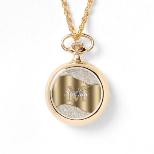 Diamanten, große Goldmonogramm, weißer Skriptname Armbanduhr