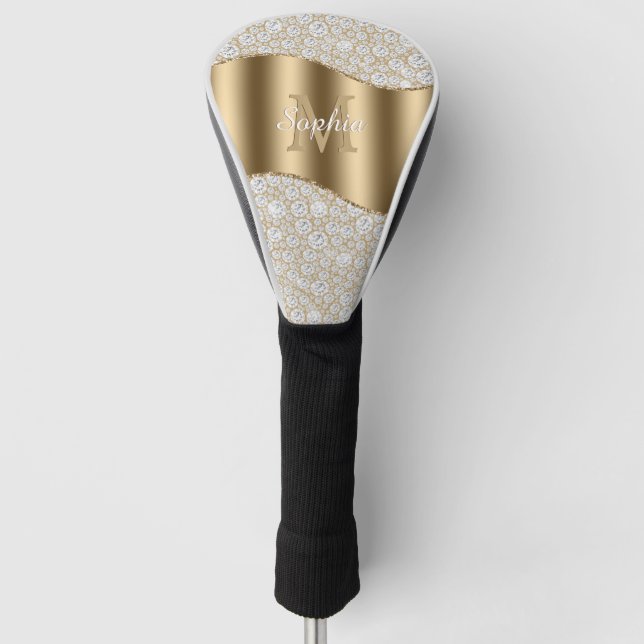 Diamanten, große Goldmonogramm, weißer Skriptname Golf Headcover (Vorderseite)