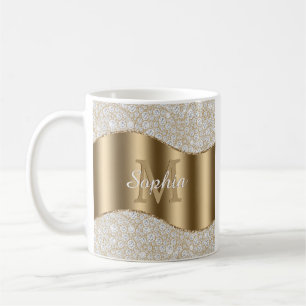 Diamanten, große Goldmonogramm, weißer Skriptname Kaffeetasse