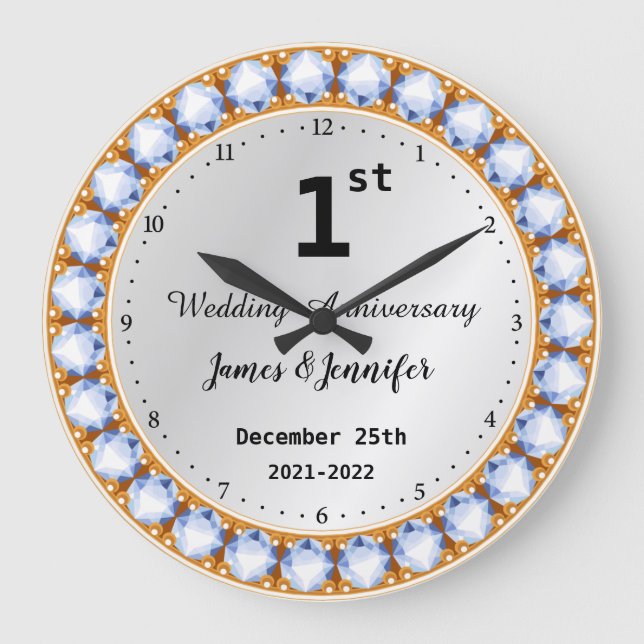 Diamanten-Individuelle Name für das erste Hochzeit Große Wanduhr (Vorderseite)