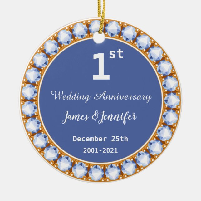 Diamanten-Individuelle Name für das erste Hochzeit Keramik Ornament (Vorne)