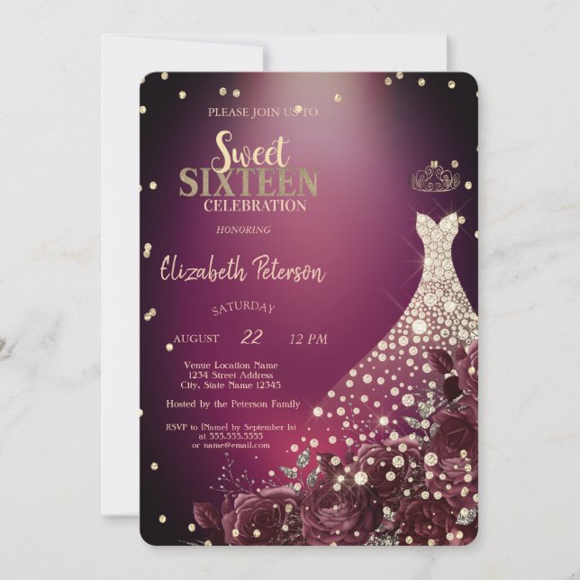 Diamanten, Kleid, Burgund-Rose Süß 16 Einladung (Vorderseite)