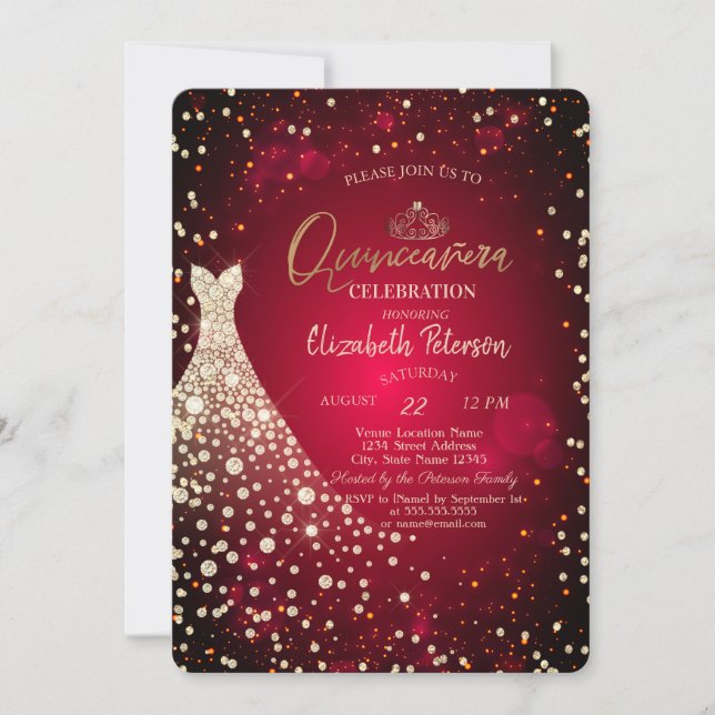 Diamanten, Kleid, Roter Quinceañera Einladung (Vorderseite)