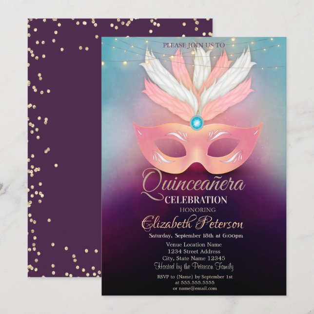 Diamanten, Masken, Lichter, Masquerad Quinceañera Einladung (Vorne/Hinten)