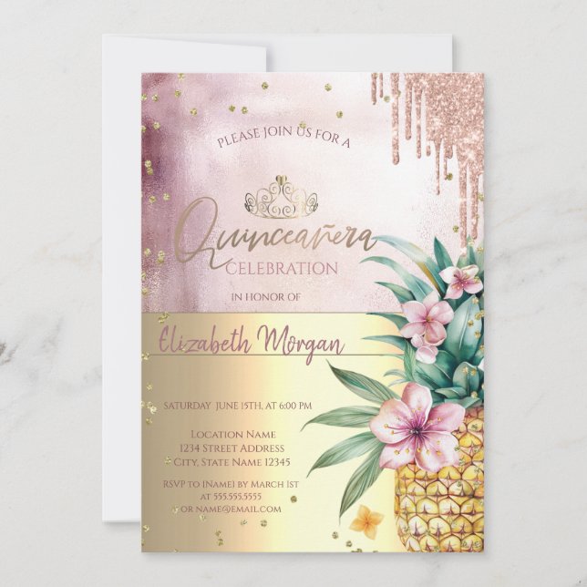 Diamanten, Rose Gold Glitzer Tropfen, Ananas Einladung (Vorderseite)