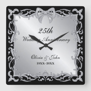 Diamanten & Silber 25. Hochzeitsjubiläum Geschenk Quadratische Wanduhr