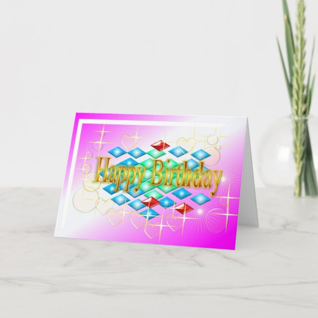 Diamanten Sterne Blasen in Gold und rosa Geburtsta Karte (Vorderseite)