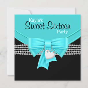 Diamanten Türkis Blau Schwarz Weiß Sweet 16 Party Einladung
