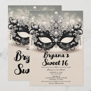 Diamanten und Perlen schwarze Maskerade Sweet 16   Einladung
