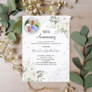 Diamanten weiße Blumen 60. Hochzeitstag Einladung