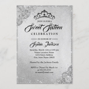 Diamantene Lace Sparkle Silber Sweet Sixteen Einladung