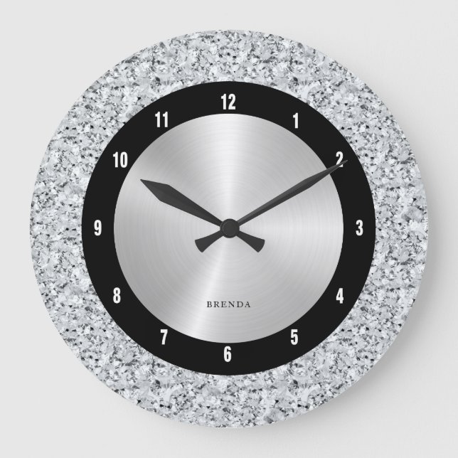 Diamantenmuster aus weißem Imitat Große Wanduhr (Vorderseite)