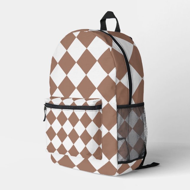 Diamantenmuster in Weiß und Mocha Mousse Bedruckter Rucksack (Rückseitige Ecke Rechts)