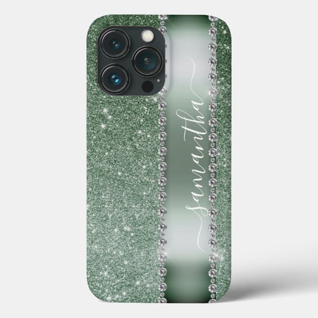 Diamantgrüner Glitter-Calligraphy-Monogramm-Name Case-Mate iPhone Hülle (Rückseite)