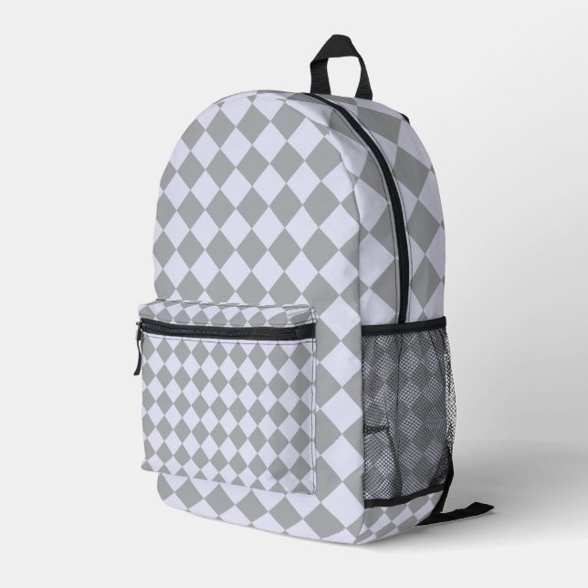 Diamantmuster in Grau und Lavendel Bedruckter Rucksack (Rückseitige Ecke Rechts)