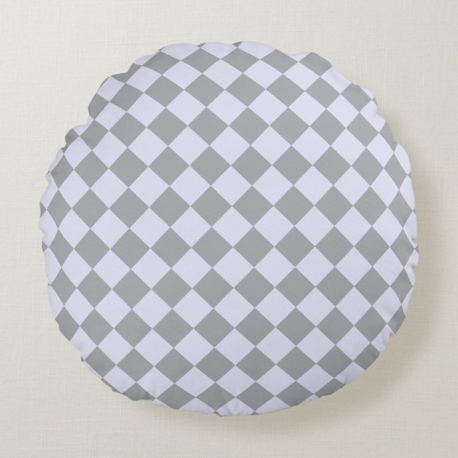 Diamantmuster in Grau und Lavendel Rundes Kissen (Vorderseite)