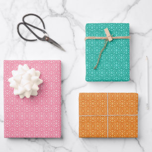 Diamantmuster, Korallen, Türkis und Orange Geschenkpapier Set