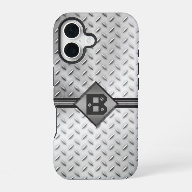 Diamantplatten-Stahl-Monogramm iPhone 16 Hülle (Rückseite)