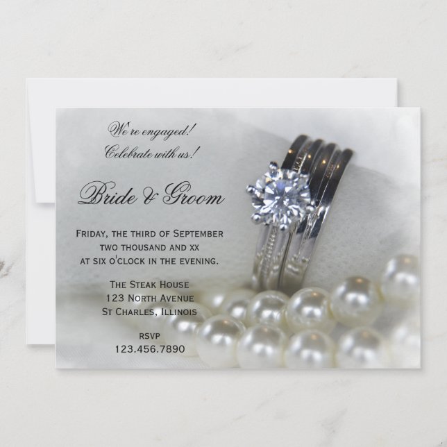 Diamantrings und White Pearls Engagement Party Einladung (Vorderseite)