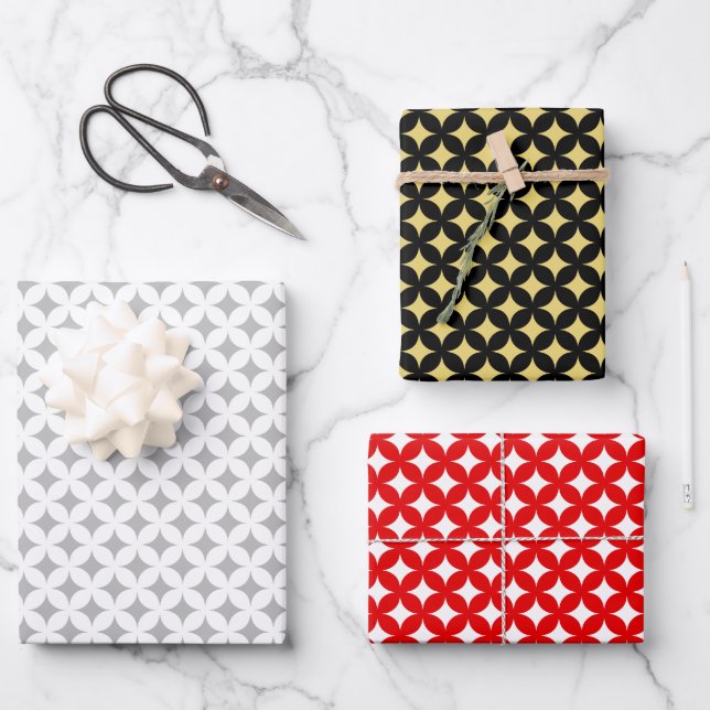 Diamantstern für schwarzes, rotes und weißes Umsch Geschenkpapier Set (Vorderseite)