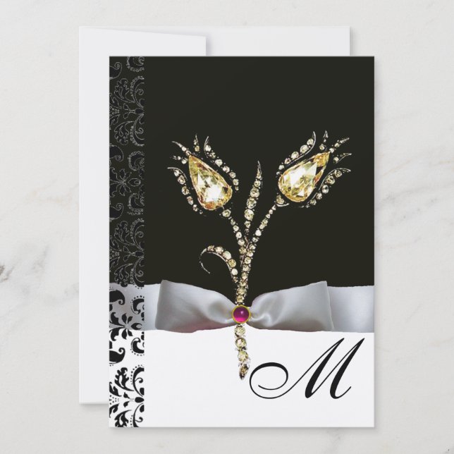 DIAMONANTE TULIPS, Schwarz-weiße Damaskus-Monogram Einladung (Vorderseite)