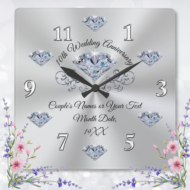 Diamond 10 Jahre Hochzeit Jubiläum Geschenkideen Quadratische Wanduhr (10 year wedding anniversary gift for wife. 10th wedding anniversary gift for daughter and son in law)