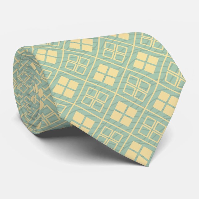 Diamond and Wave Pattern Gold Cyan Krawatte (Gerollt)