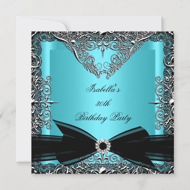 Diamond Aquamarin Blue Black Bow Silver Birthday P Einladung (Vorderseite)
