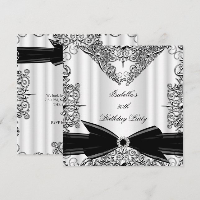 Diamond Black Bow Silver Birthday Party Einladung (Vorne/Hinten)