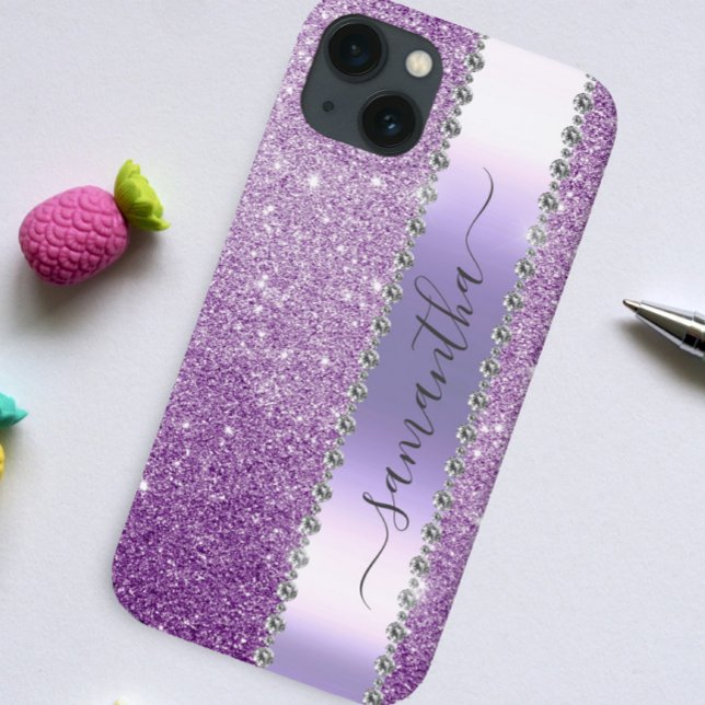 Diamond Bling Glitzer Kalligraphie Name Lila Case-Mate iPhone 14 Hülle (Von Creator hochgeladen)