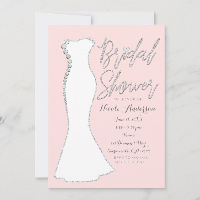 Diamond Bling Wedding Dress Pink Brautparty Einladung (Vorderseite)