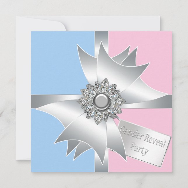 Diamond Bow Elegant Pink Blue Gender Reveal Einladung (Vorderseite)