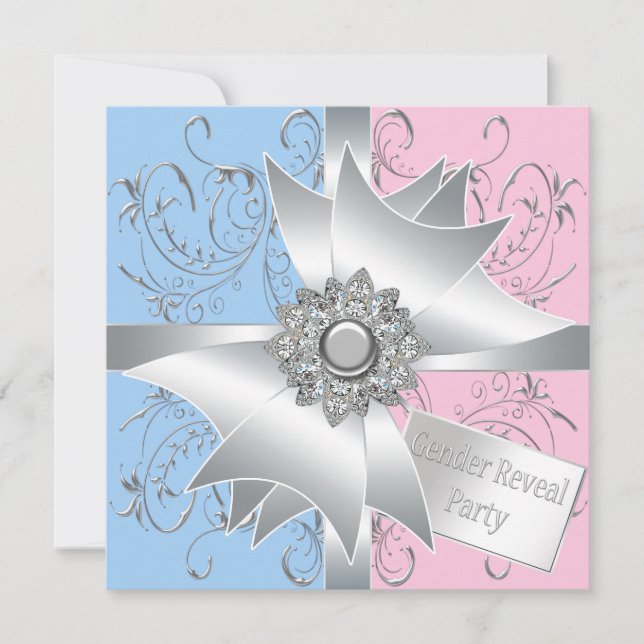 Diamond Bow Elegant Pink Blue Gender Reveal Einladung (Vorderseite)