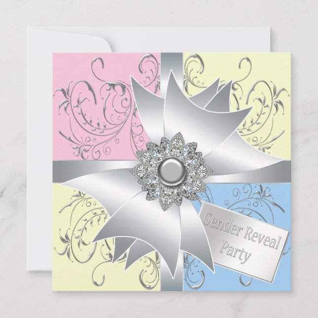 Diamond Bow Elegant Pink Blue Gender Reveal Party Einladung (Vorderseite)